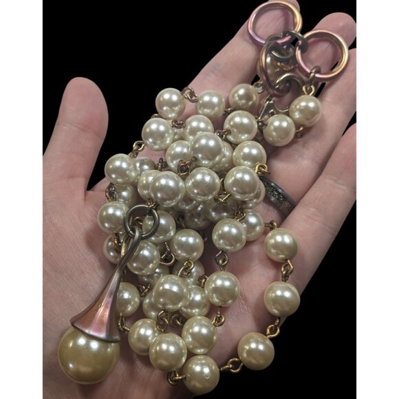 Vintage Korean EXP Faux Pearl Anodized Gold Tone Y Drop Necklace - Picture 4 of 7